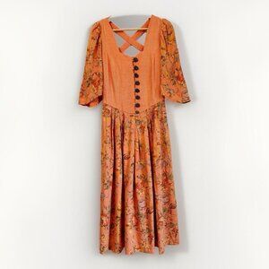 VTG Country Line Women Flare Sleeve Midi Dress Size 8  Orange Coquette Milkmaid